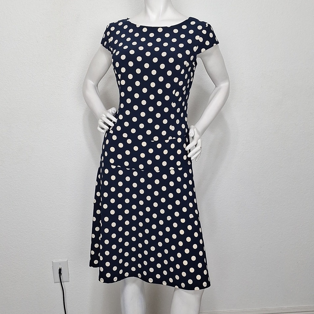 Anne Klein Navy Off White Polka Dot Drop Waist Retro Pin Up Dress Size 10